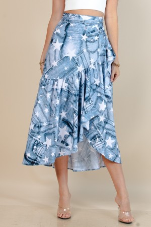 S1050-4805-4 / Nylon Apparel<br/>Ronny Denim Star Print Wrap Multi Use Skirt