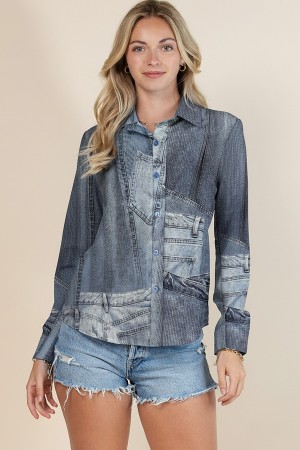 T1427-5067 / Nylon Apparel<br/>Rown Denim Abstract Denim Graphic Blouse Top