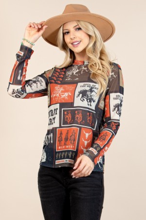 T1502-6010 / Nylon Apparel<br/>Tammy Cowboy Party Mesh Print Mock Neck Top