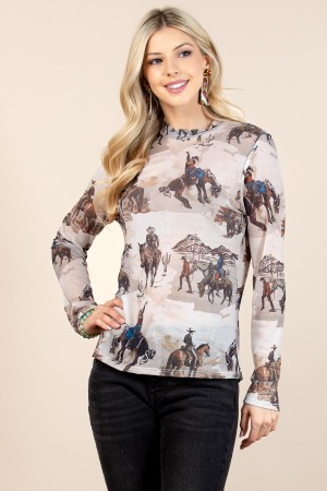 T1502-6012 / Nylon Apparel<br/>Maria Cowboy Party Mesh Print Mock Neck Top