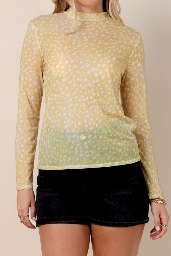 T1502-6959B / Nylon Apparel<br/>Anneli Bambi Print Mesh Mock Neck Top