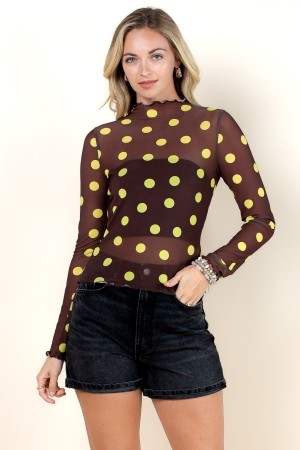 T1509-1763A / Nylon Apparel<br/>Solace Polka Dot Mesh Print Top