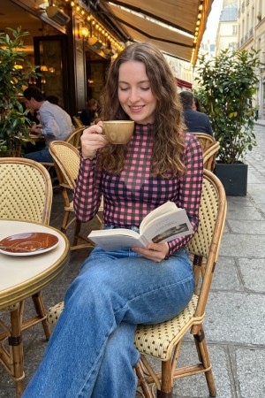 T1509-5672 / Nylon Apparel<br/>Alessia Checkered Mesh Mock Neck Top