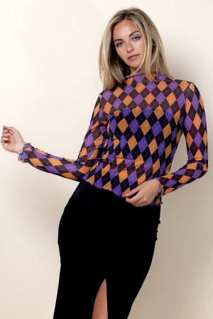 T1509-6606 / Nylon Apparel<br/>Halloween Purple Harlequin Print Mesh Top