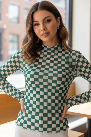 T1509-6674 / Nylon Apparel<br/>Lilian Green Checkered Mesh Mock Neck Top