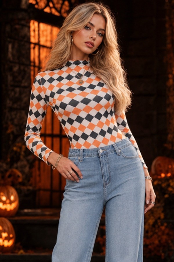T1509-NY6607 / Nylon Apparel<br/>Madely Orange Diamond Mesh Print Long Sleeves Top