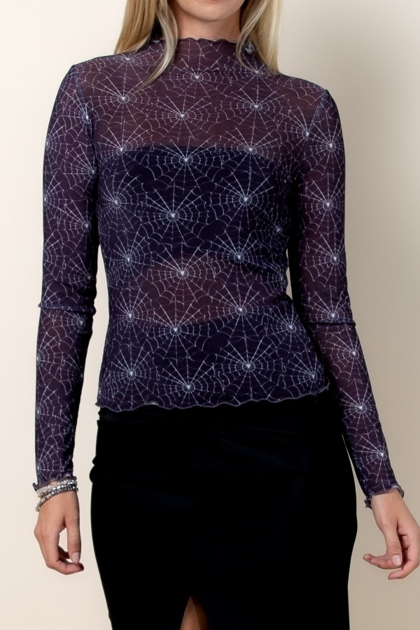T1509-NY6624 / Nylon Apparel<br/>Sophie Spyderweb Mesh Print Long Sleeves Top