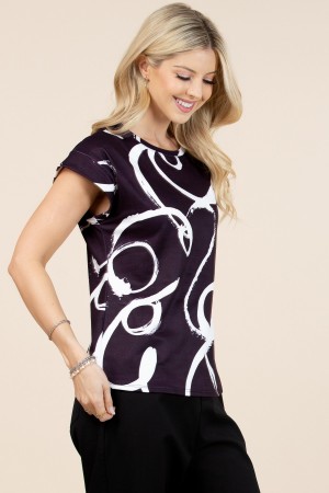 T1536-3049 / Nylon Apparel<br/>Theresa Abstract Round Print Shoulder Detail Top