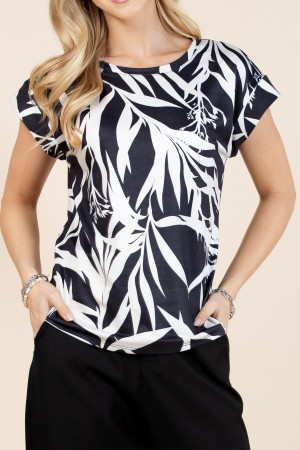 T1536-5495 / Nylon Apparel<br/>Theresa Palm Leave Print Shoulder Detail Tee