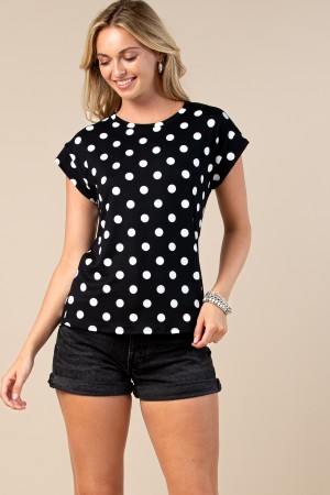 T1536-WHDOT / Nylon Apparel<br/>Maia White Polka Dot Print Casual Tee