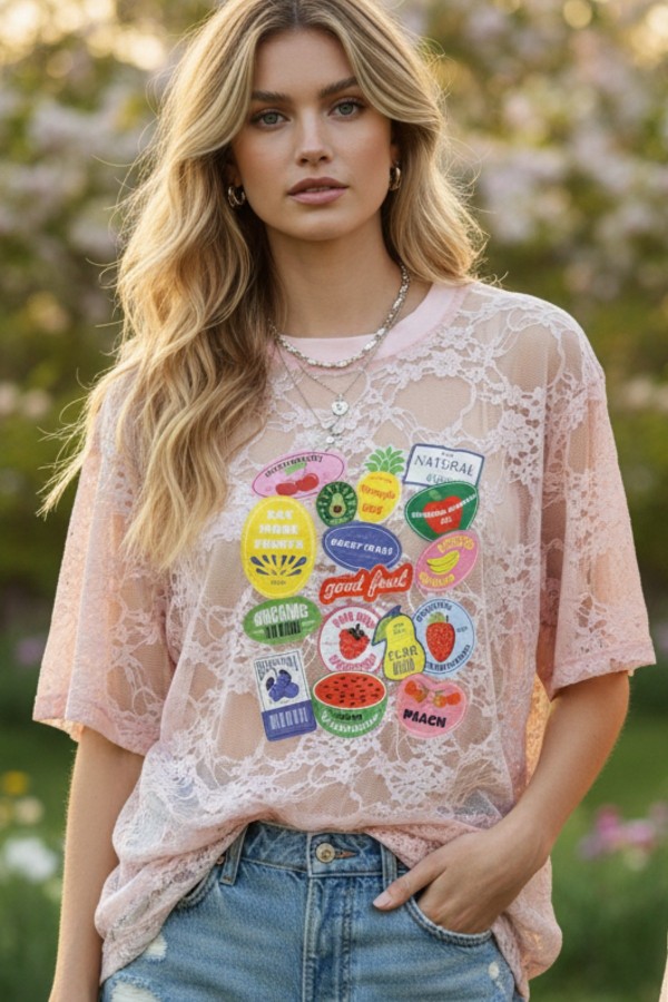 T1622-6994 / Nylon Apparel<br/>Melinda Good Fruits Print Lace Oversize T Shirts