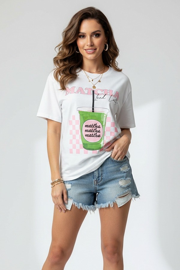 T1622-7127 / Nylon Apparel<br/>Sabrine Matcha Iced Latte Print Oversize T Shirts
