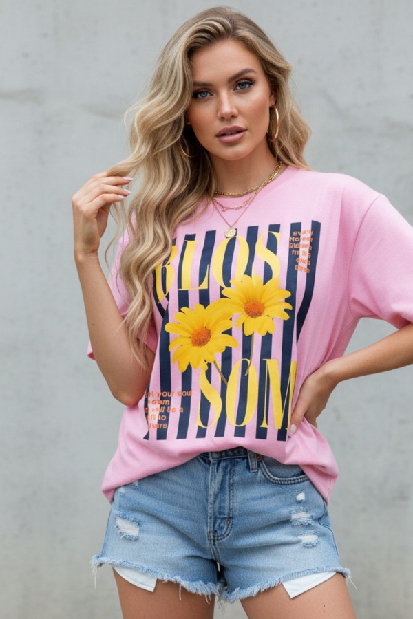 T1622-7220A / Nylon Apparel<br/>Sage Bloom Print Oversize T Shirts