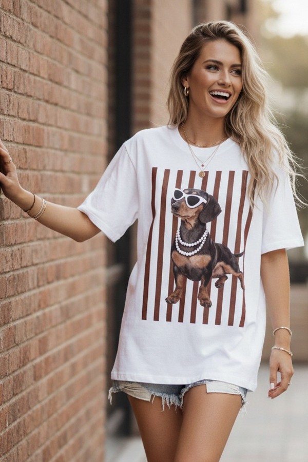 T1622-7292 / Nylon Apparel<br/>Mel Sunglass Dog Print Oversize T Shirts
