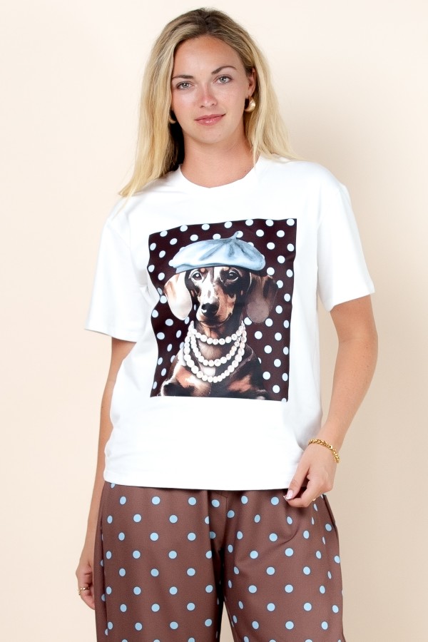 T1622-NY7275A / Nylon Apparel<br/>Serena Tree Pearl Necklace Dog Print Oversize T Shirts