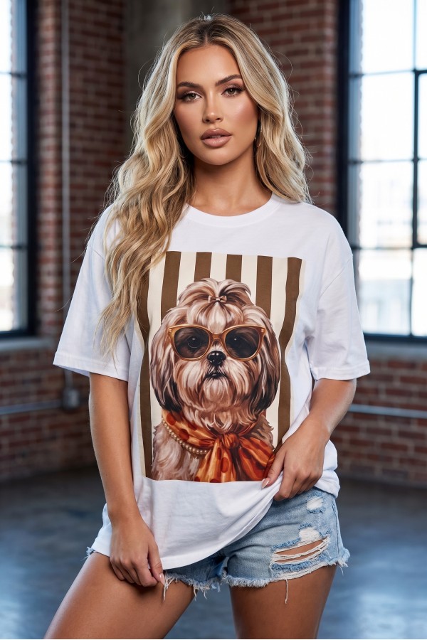 T1622-NY7291 / Nylon Apparel<br/>Paloma Shih Tzu Cute Print Oversize T Shirts