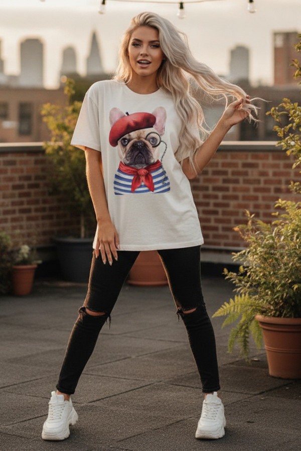 T1622-NY7307 / Nylon Apparel<br/>Jenny French Bulldog Print Oversize T Shirts