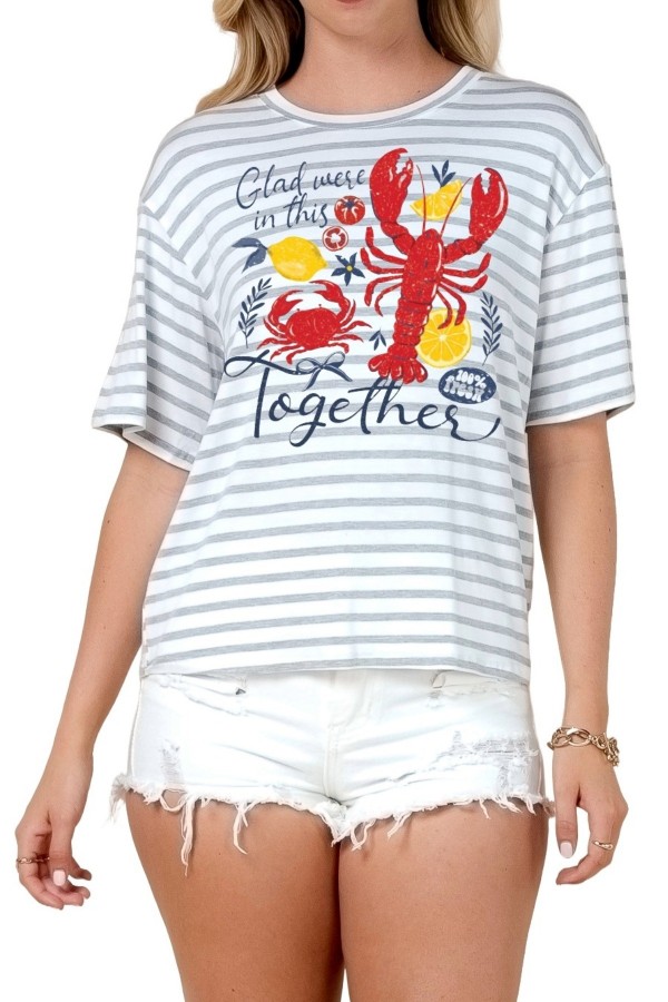 T1622ST-7067 / Nylon Apparel<br/>Gisela Lobster Lemon Together Print Striped T Shirts