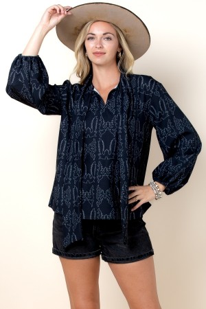 T1629-6572 / Nylon Apparel<br/>Western Boots Stitch Print Scarf Blouse