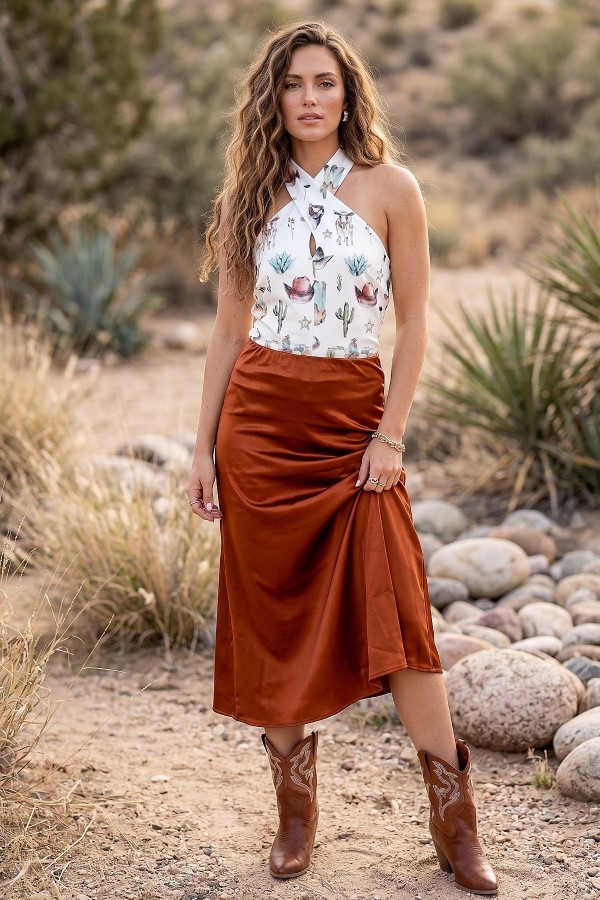 T1633-6749 / Nylon Apparel<br/>Paula Western Prickly Cacti Print Halter Top