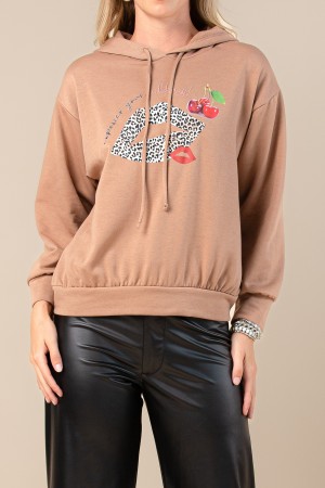 T1634-2560A / Nylon Apparel<br/>Karen Cherry Lips Print Hoodie Top