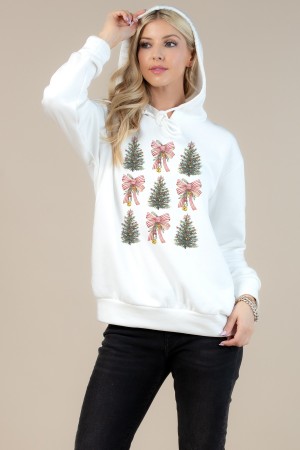 T1634-6054 / Nylon Apparel<br/>Rita Christmas Tree Ribbon Print Hoodie Top