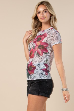 X128M-5676 / Nylon Apparel<br/>Sadie Flower Mesh Print Casual Tee