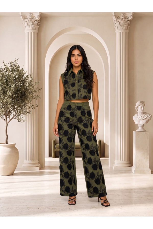 BS-26121 OLI / BALBOA<br/>Oli textured floral crop shirt & straigth-leg set