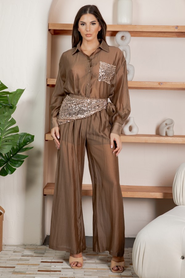 BS-26269 DOMINA / BALBOA<br/>Domina Sequin Patch Shirt & Wide-Leg Pants Set