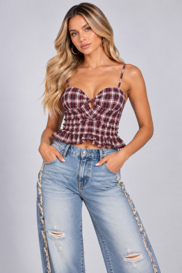 BT-26224 BENEDITA / BALBOA<br/>Benedita Tartan Strap Ruffle Crop Top