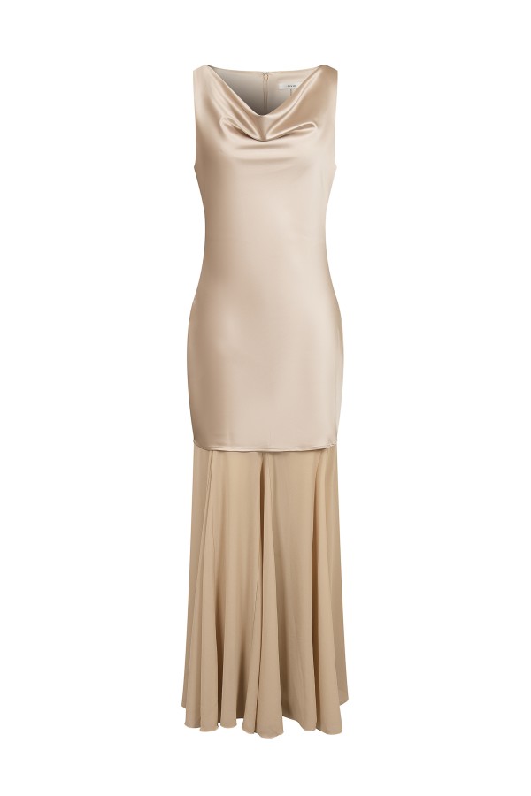 DI062 / RIVIR<br/>Cowl Neck Satin Chiffon Maxi Dress