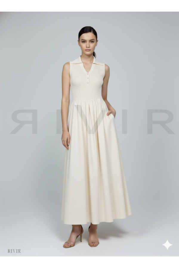 DI128 / RIVIR<br/>Scallop detail Knit Poplin Midi Dress