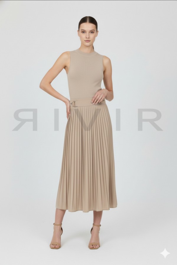 DI129 / RIVIR<br/>Knit Woven Mix Pleated Midi Dress