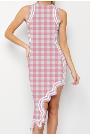 DM026 / RIVIR<br/>Gingham Print Bandage Asymmetrical Hem Dress