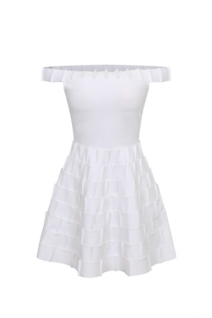 DO139 / RIVIR<br/>Alba Bandage Off Shoulder Fit And Flare Pintuck Dress