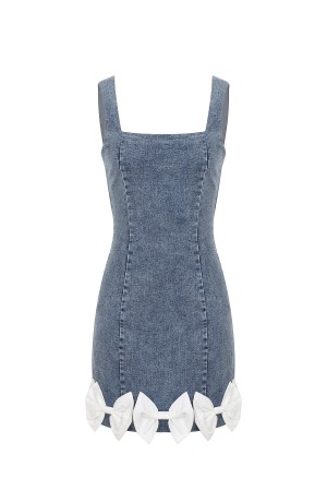 DO141 / RIVIR<br/>Denim Square-neck Mini Dress With Bow Trim