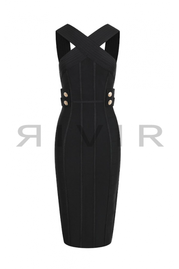 DO154 / RIVIR<br/>Edith Halter Crossover Bandage Midi Dress