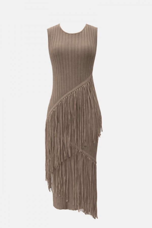 DO167 / RIVIR<br/>Slvls Rib Knit Midi Fringe Dress