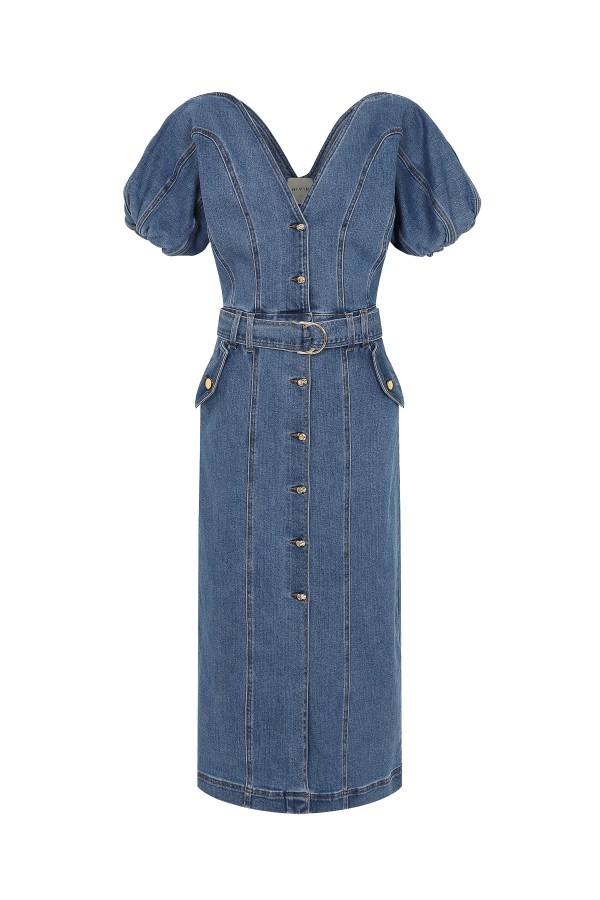 DO188 / RIVIR<br/>Cosette Denim Short Puff Slv Mini Dress With Belt