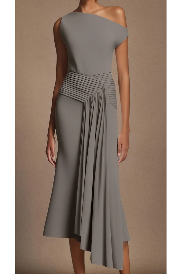 DO261 / RIVIR<br/>Woven Asymmetrical Midi Dress With Pleated Waist Tie Detail