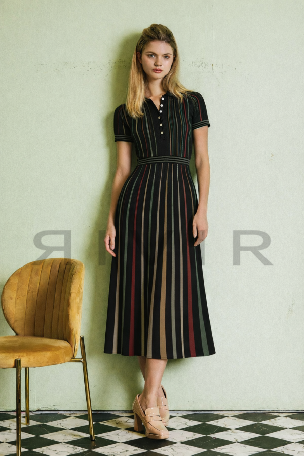 DO264 / RIVIR<br/>Knit Short Slv Midi Dress With Multi Pinstripes.