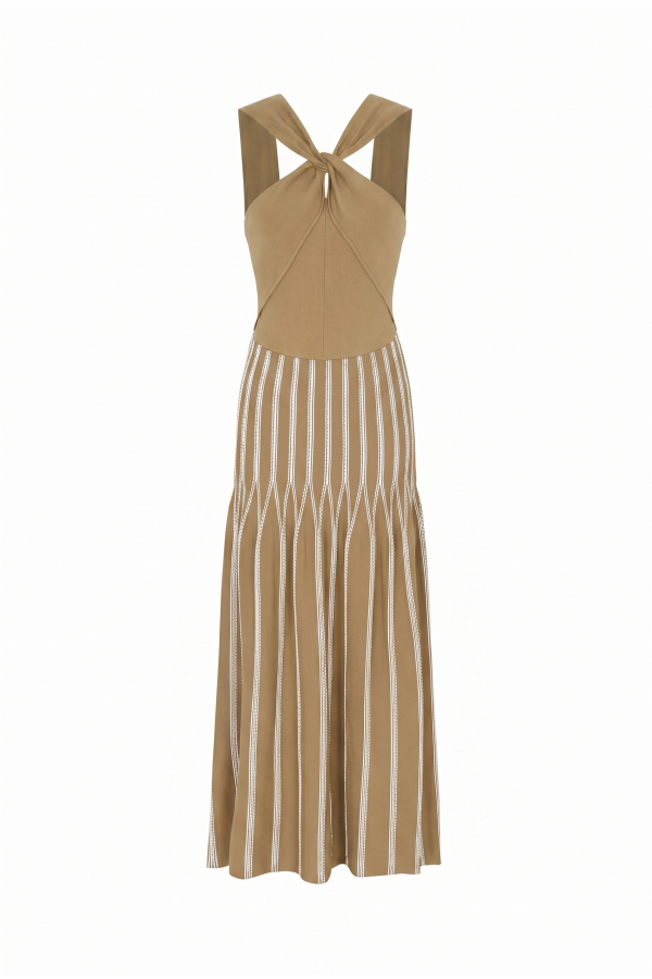 DO294 / RIVIR<br/>Nadine Knit Stripe Crisscross Halter Midi Dress