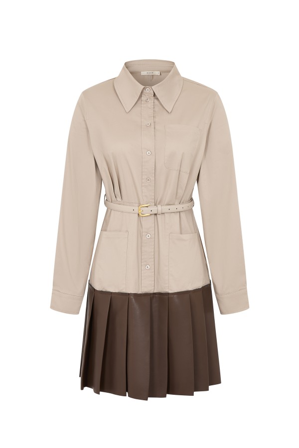 DO340 / RIVIR<br/>Cosette Woven Shirt Dress With Pleated PU Skirt