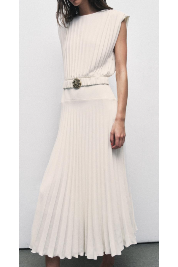 DO388 / RIVIR<br/>Long Slv Pleated Midi Dress With Ruched Belt