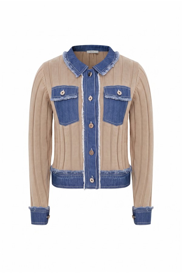 JO313 / RIVIR<br/>Rib Knit Denim Look Jacket With Contrast