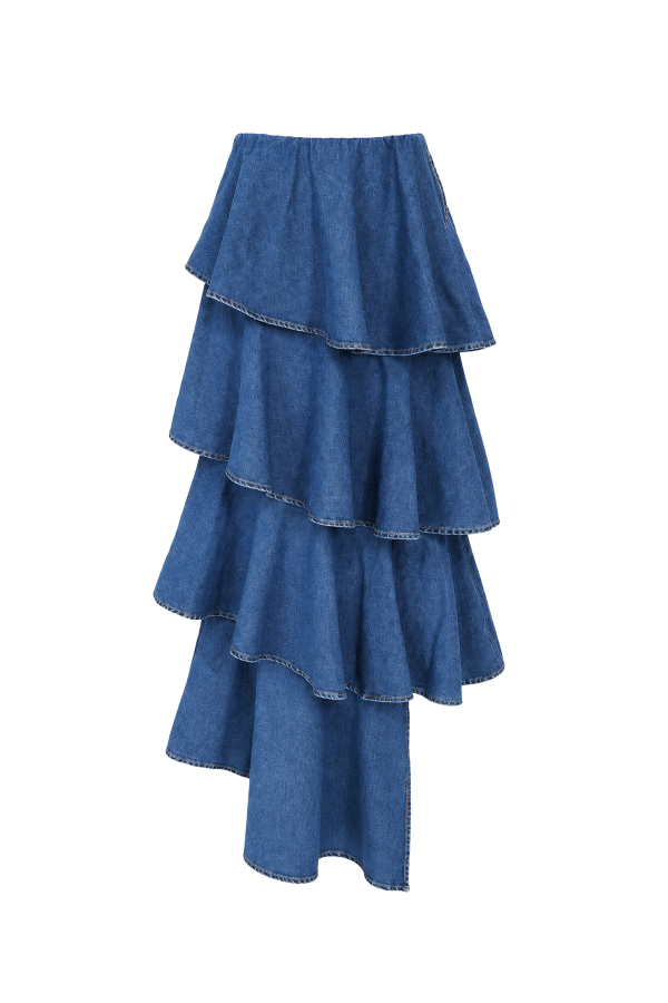 KI059 / RIVIR<br/>Spiral Ruffle Denim Midi Skirt