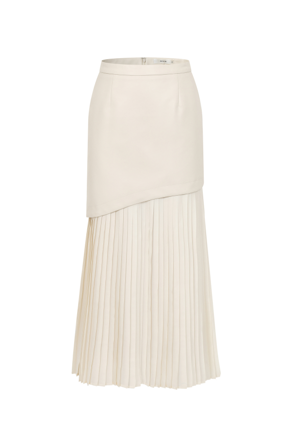 KI117 / RIVIR<br/>Pu Leather, Chiffon Contrast Midi Skirt