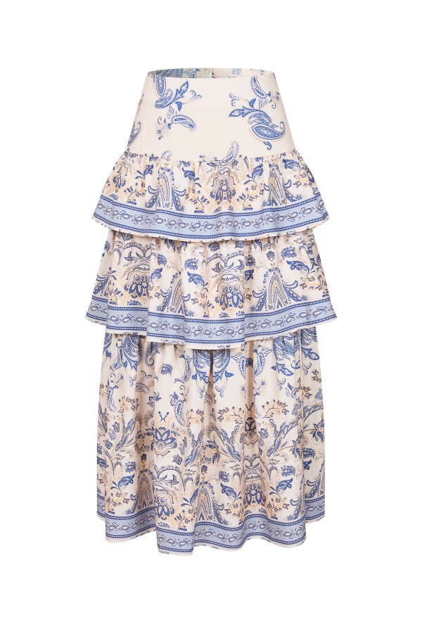 KO226 / RIVIR<br/>Border Print Tiered Midi Skirt