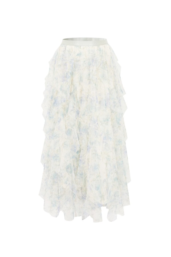 KO274-1 / RIVIR<br/>Printed Ruffle Tulle Midi Skirt