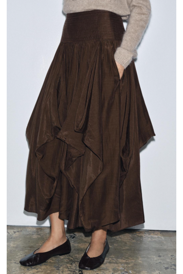 KO326 / RIVIR<br/>Woven Draped Voluminous Midi Skirt